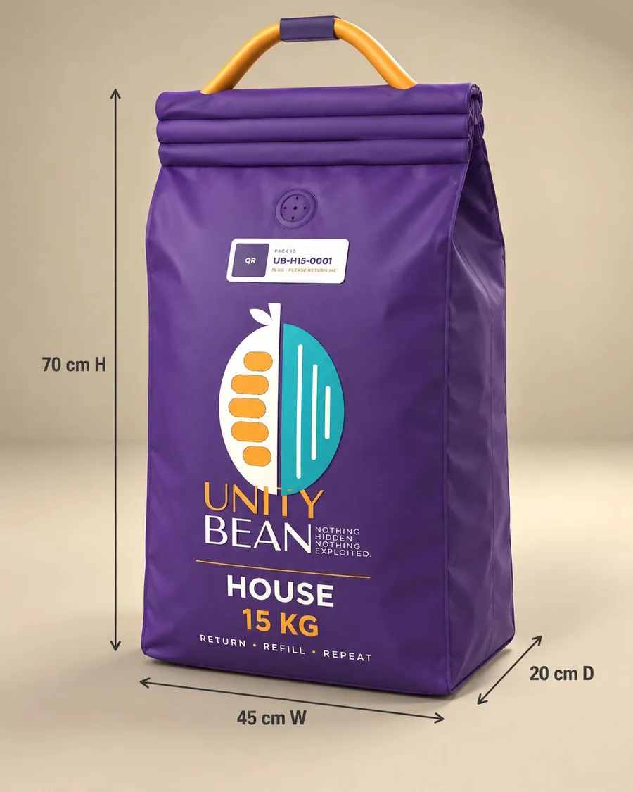 A purple 15kg Unity House wholesale refill pack with a gold handle