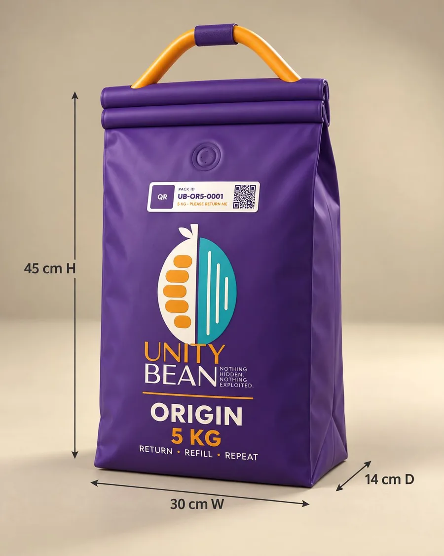 A purple 5kg Unity Origin wholesale refill pack with a gold handle